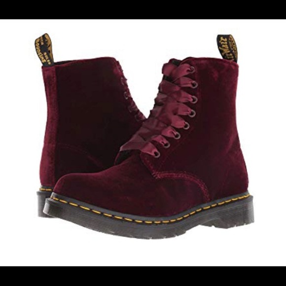 DR MARTENS Sz 6 1460 Pascal Red Wine Velvet Satin Lace Boots - Picture 3 of 15